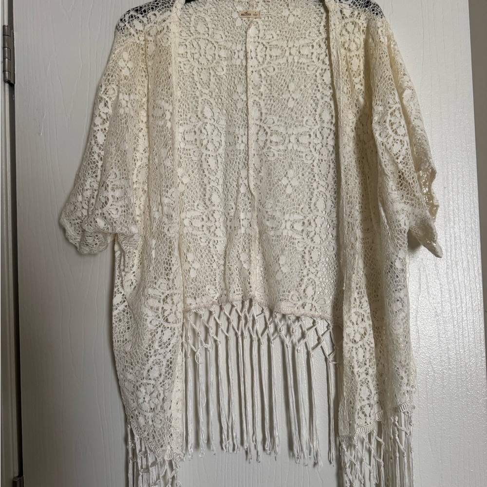 Hollister Cream Crochet Fringe Kimono
